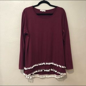 Maroon Tassle Hem Long Sleeve Top